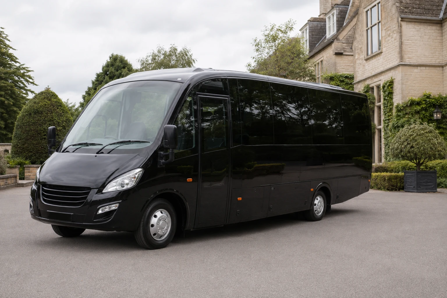 Black executive mini coach outside an English country hotel — AI-generated illustration